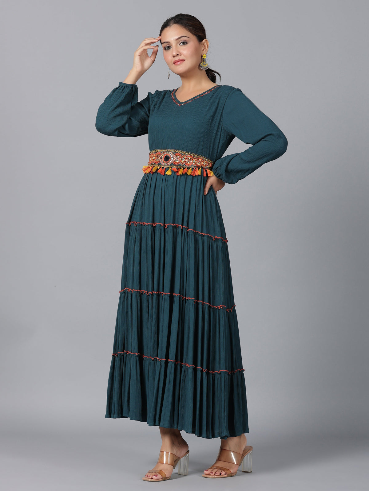 Juniper Women Bottle Green Rayon Crepe Tiered Maxi Dress | Grocsy