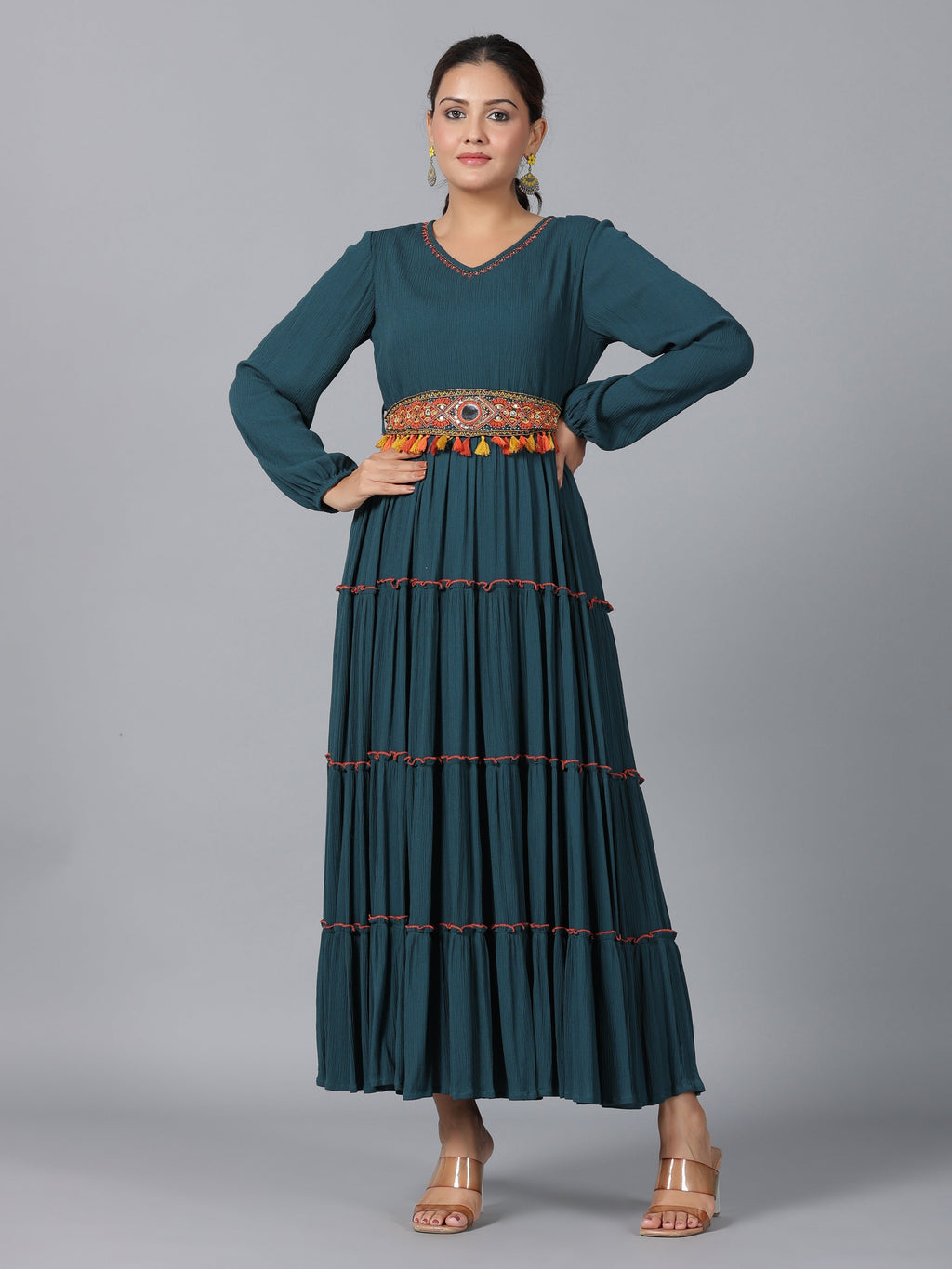 Juniper Women Bottle Green Rayon Crepe Tiered Maxi Dress | Grocsy
