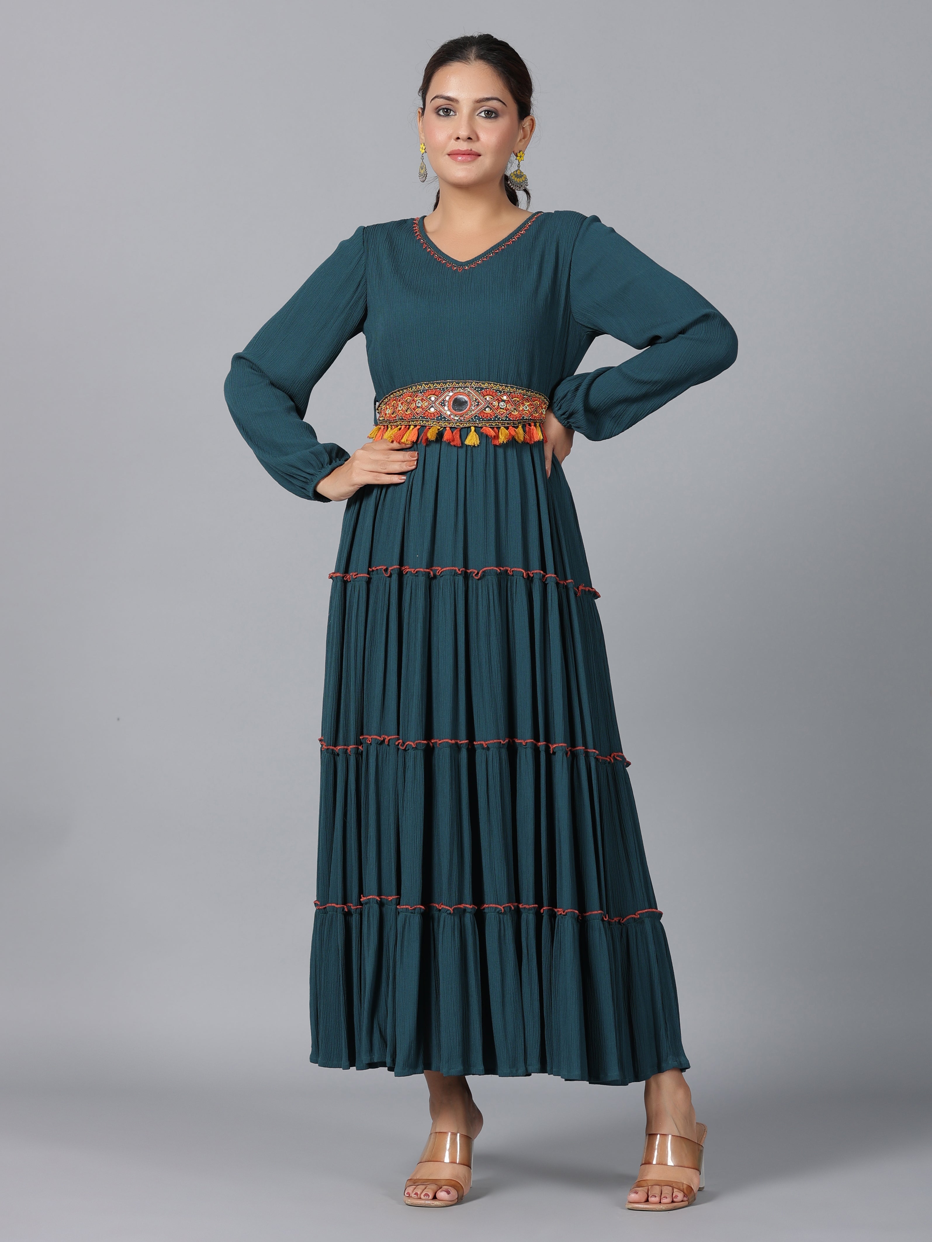 Juniper Women Bottle Green Rayon Crepe Tiered Maxi Dress | Grocsy