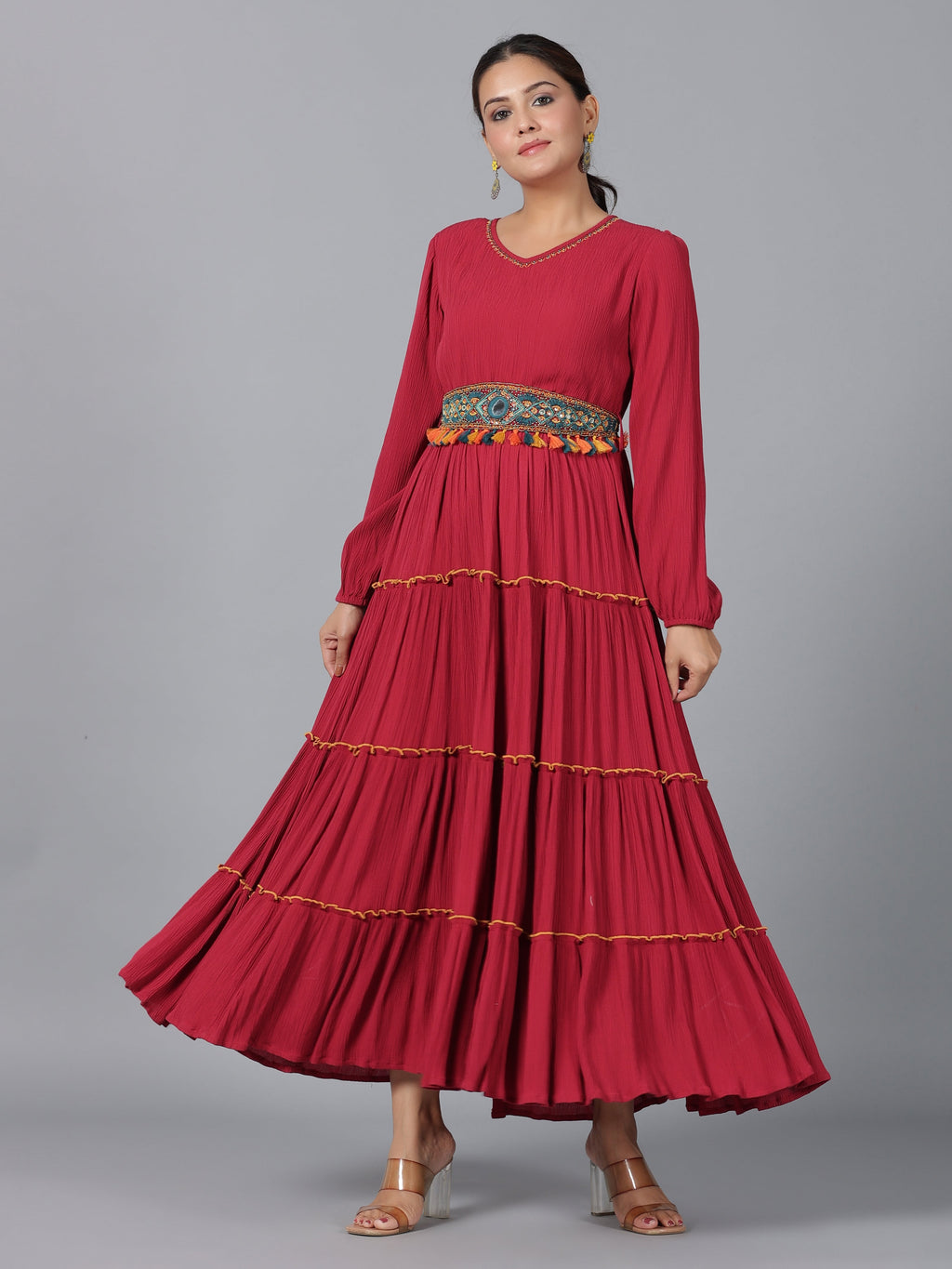 Juniper Women Maroon Rayon Crepe Tiered Maxi Dress | Grocsy