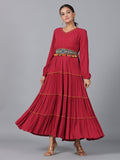 Juniper Women Maroon Rayon Crepe Tiered Maxi Dress | Grocsy