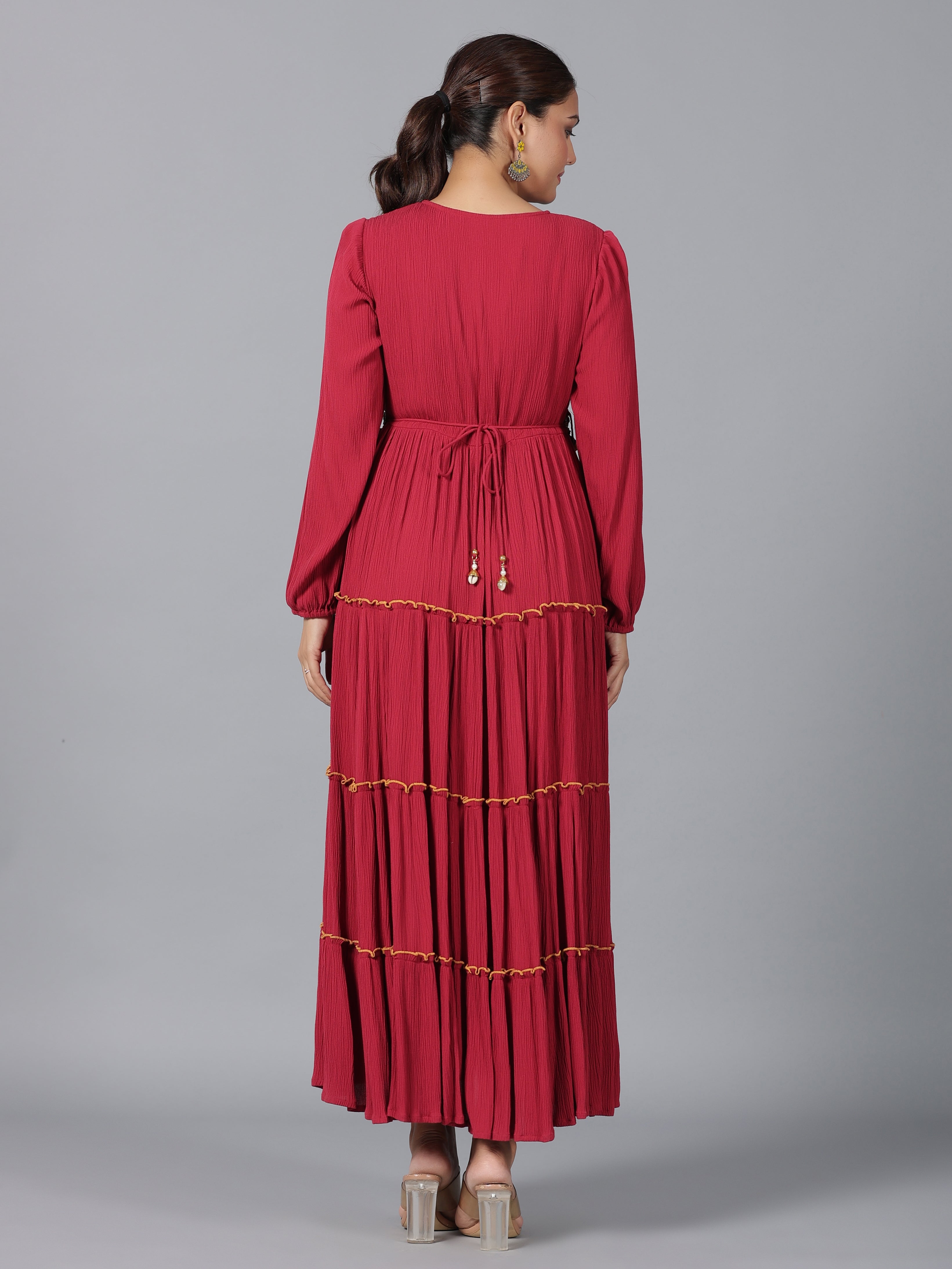 Juniper Women Maroon Rayon Crepe Tiered Maxi Dress | Grocsy
