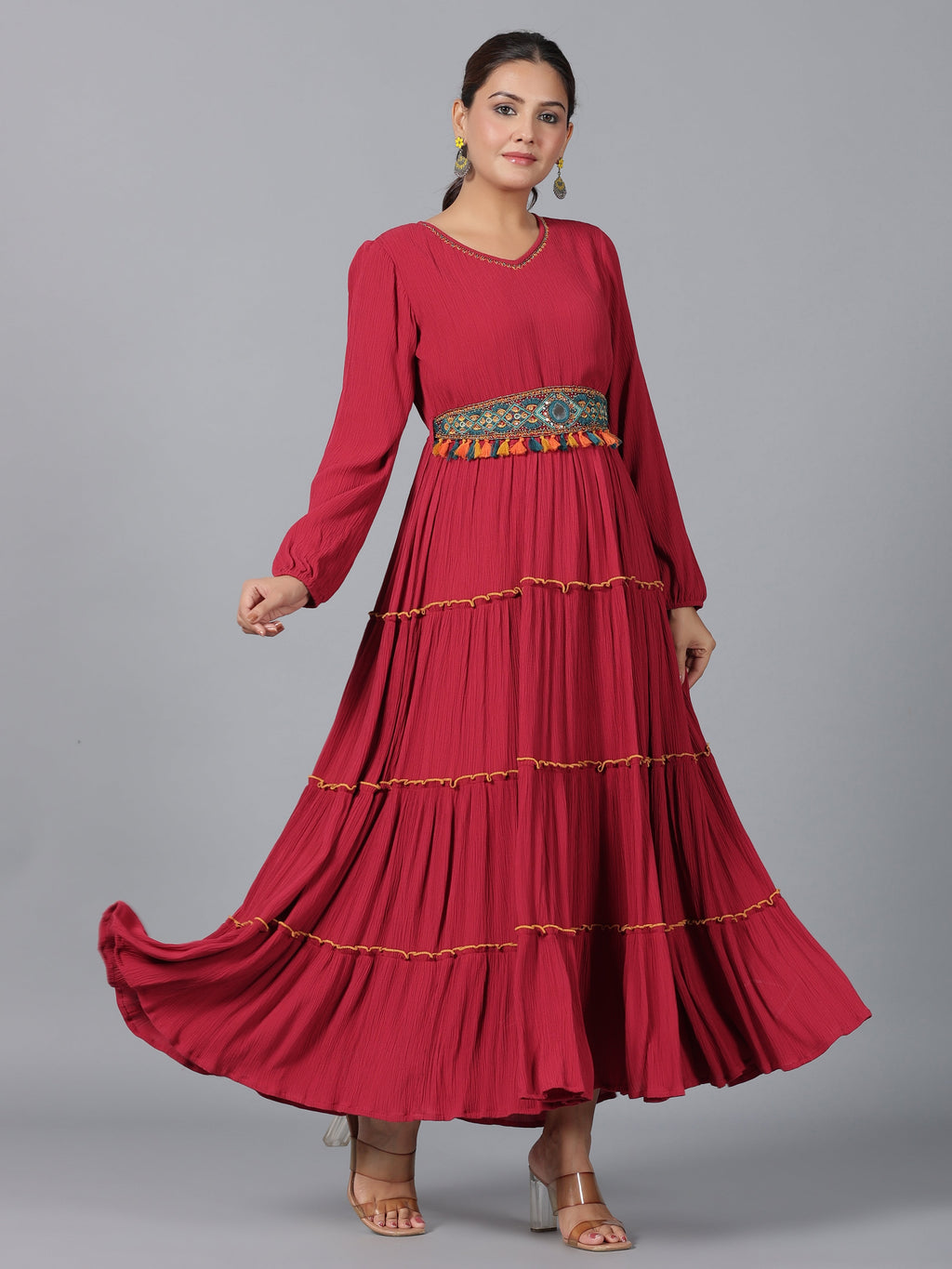 Juniper Women Maroon Rayon Crepe Tiered Maxi Dress | Grocsy