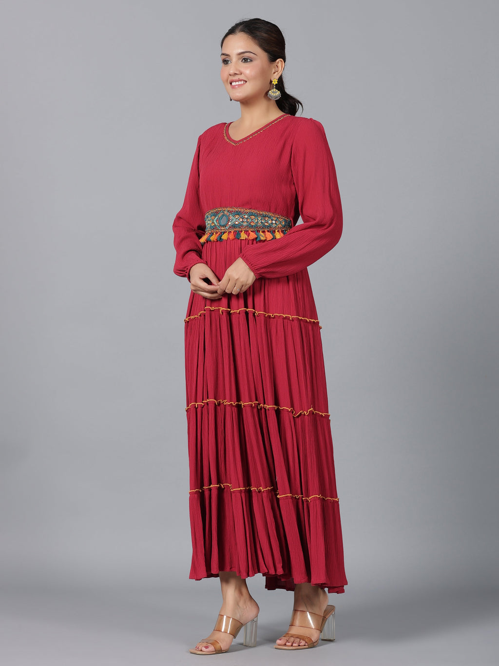 Juniper Women Maroon Rayon Crepe Tiered Maxi Dress | Grocsy