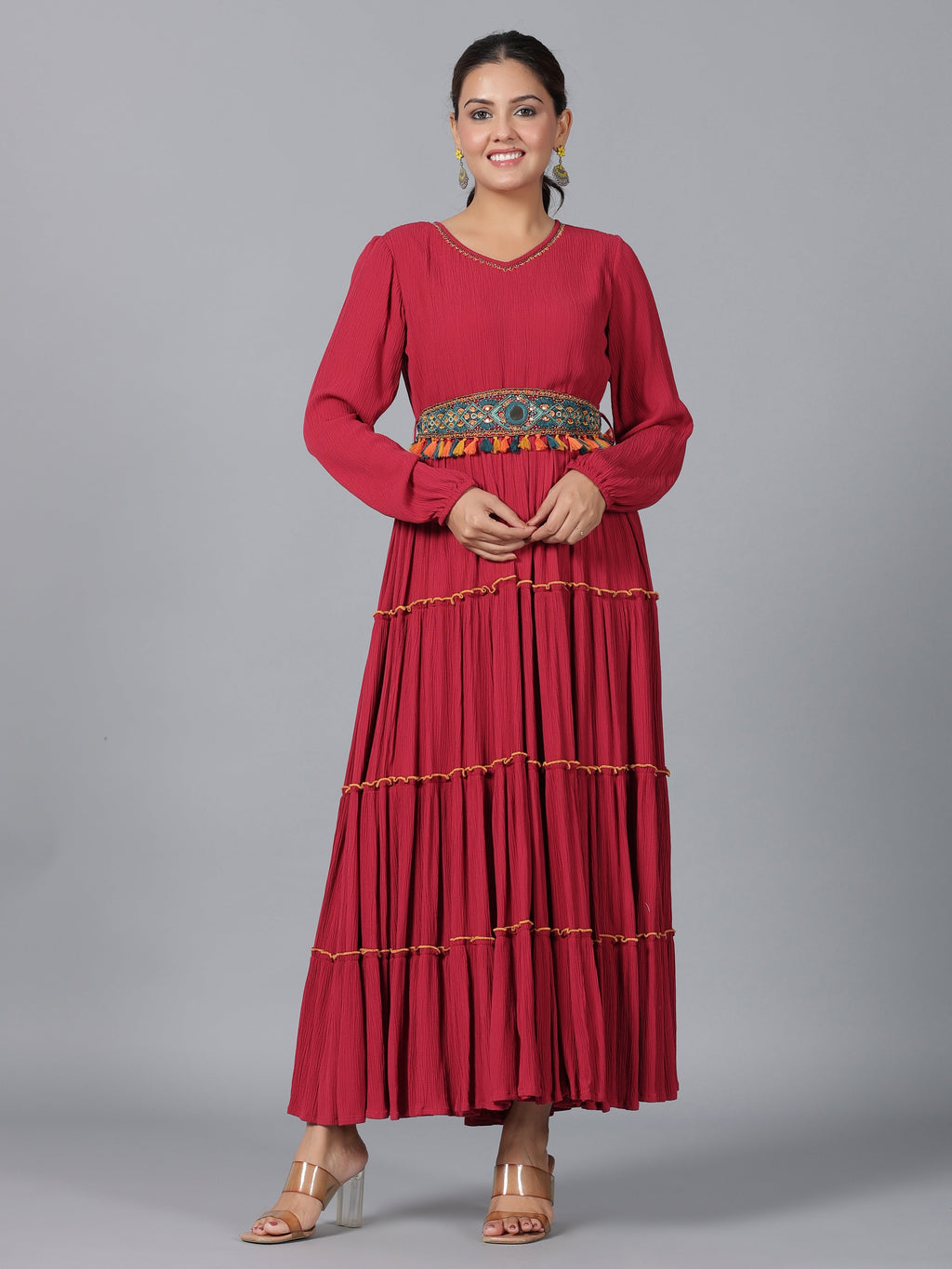 Juniper Women Maroon Rayon Crepe Tiered Maxi Dress | Grocsy