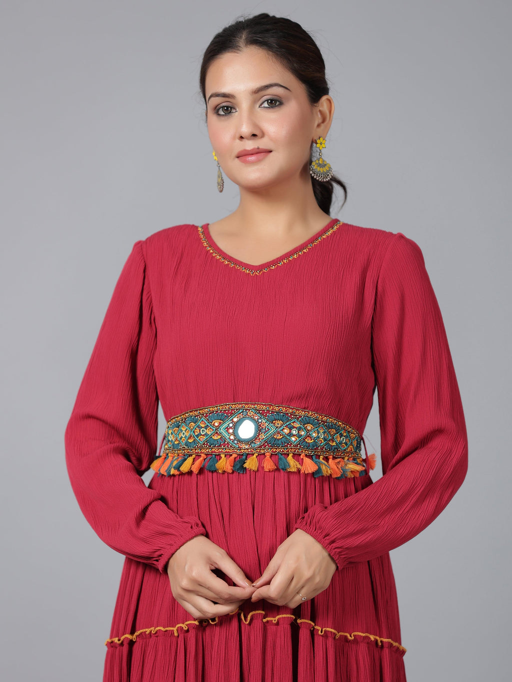 Juniper Women Maroon Rayon Crepe Tiered Maxi Dress | Grocsy