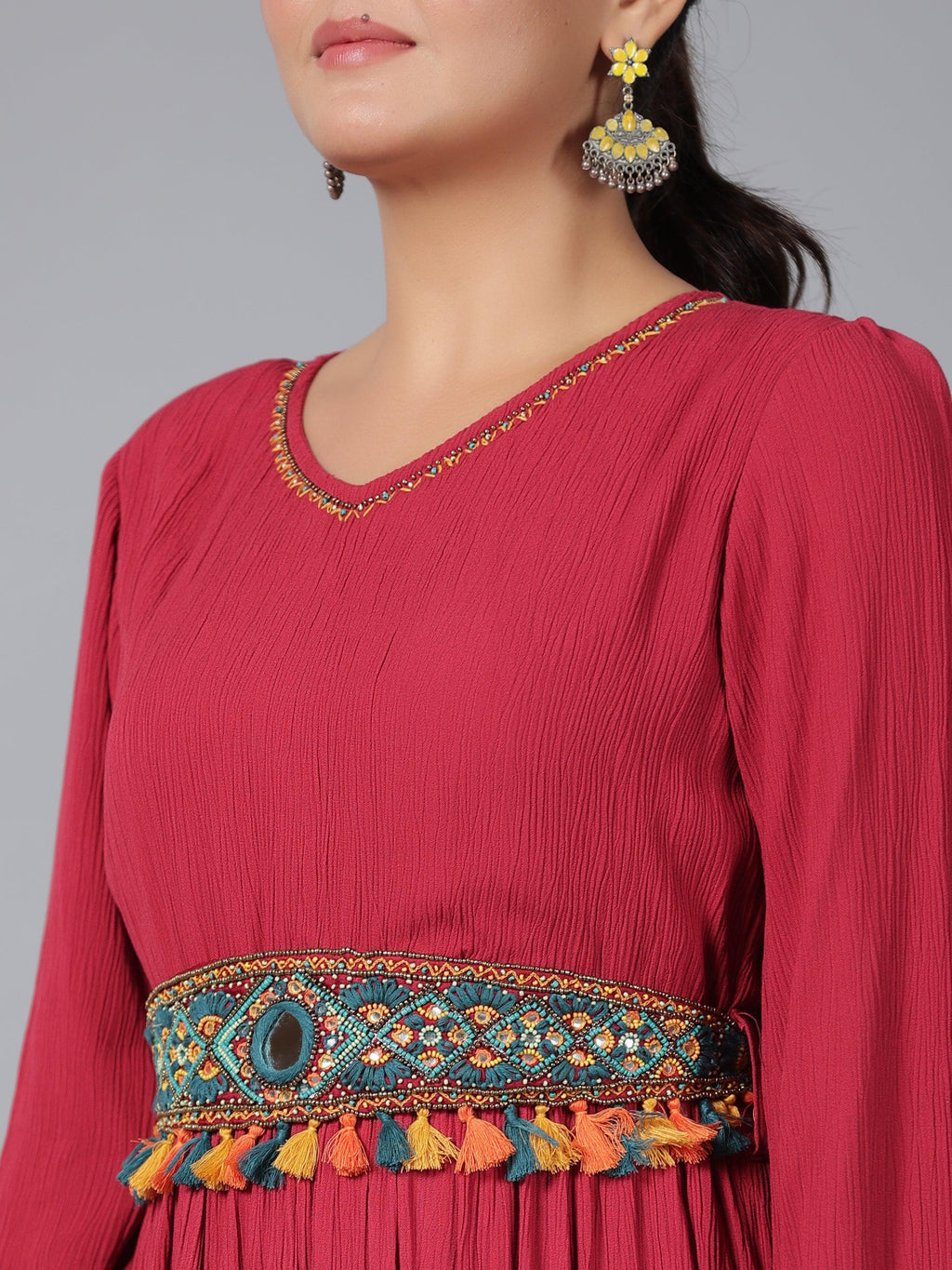 Juniper Women Maroon Rayon Crepe Tiered Maxi Dress | Grocsy