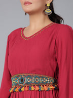Juniper Women Maroon Rayon Crepe Tiered Maxi Dress | Grocsy