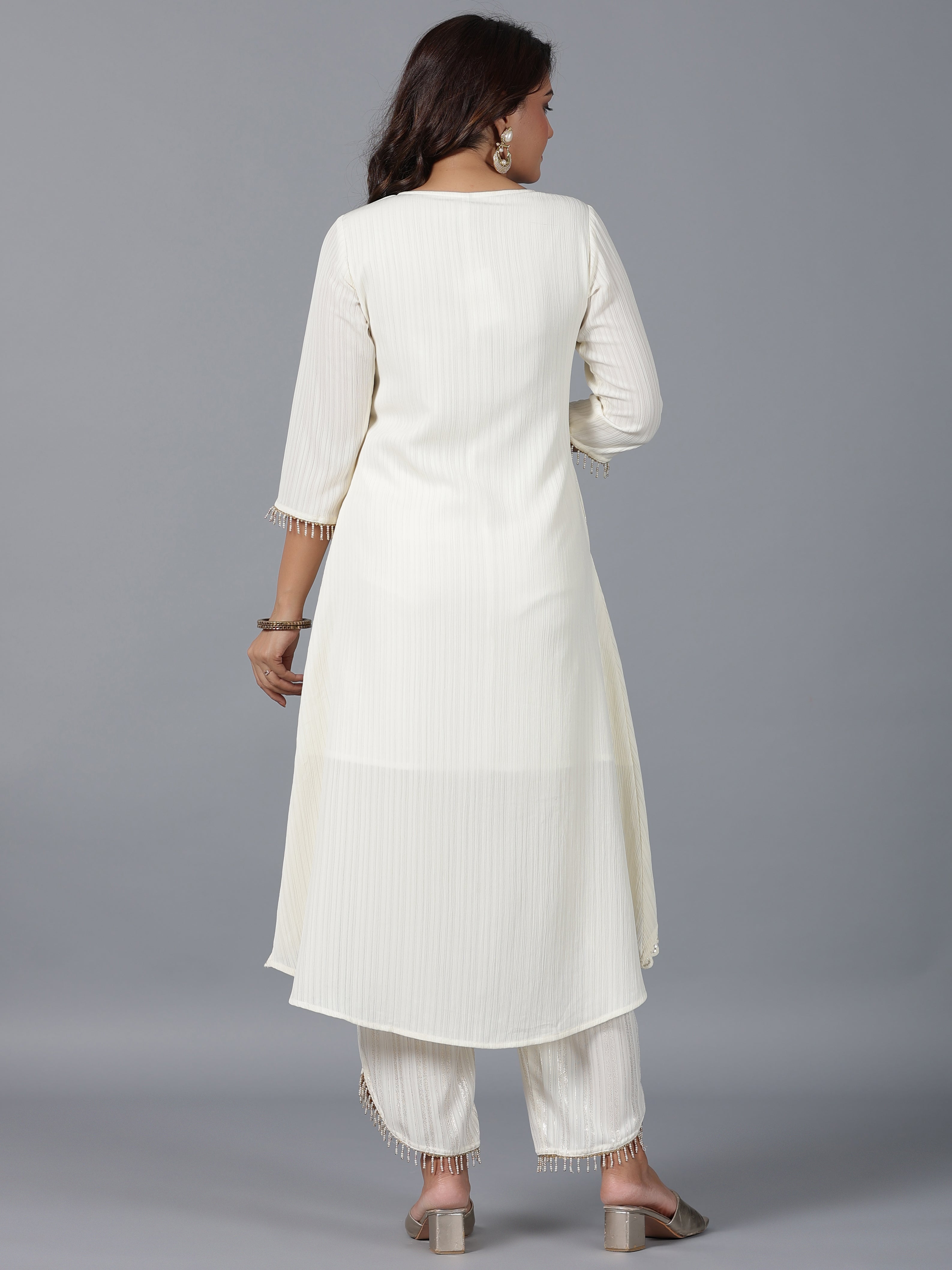 Juniper Women Ivory Magnus Embellished High-Low Kurta and Pants Set | Grocsy