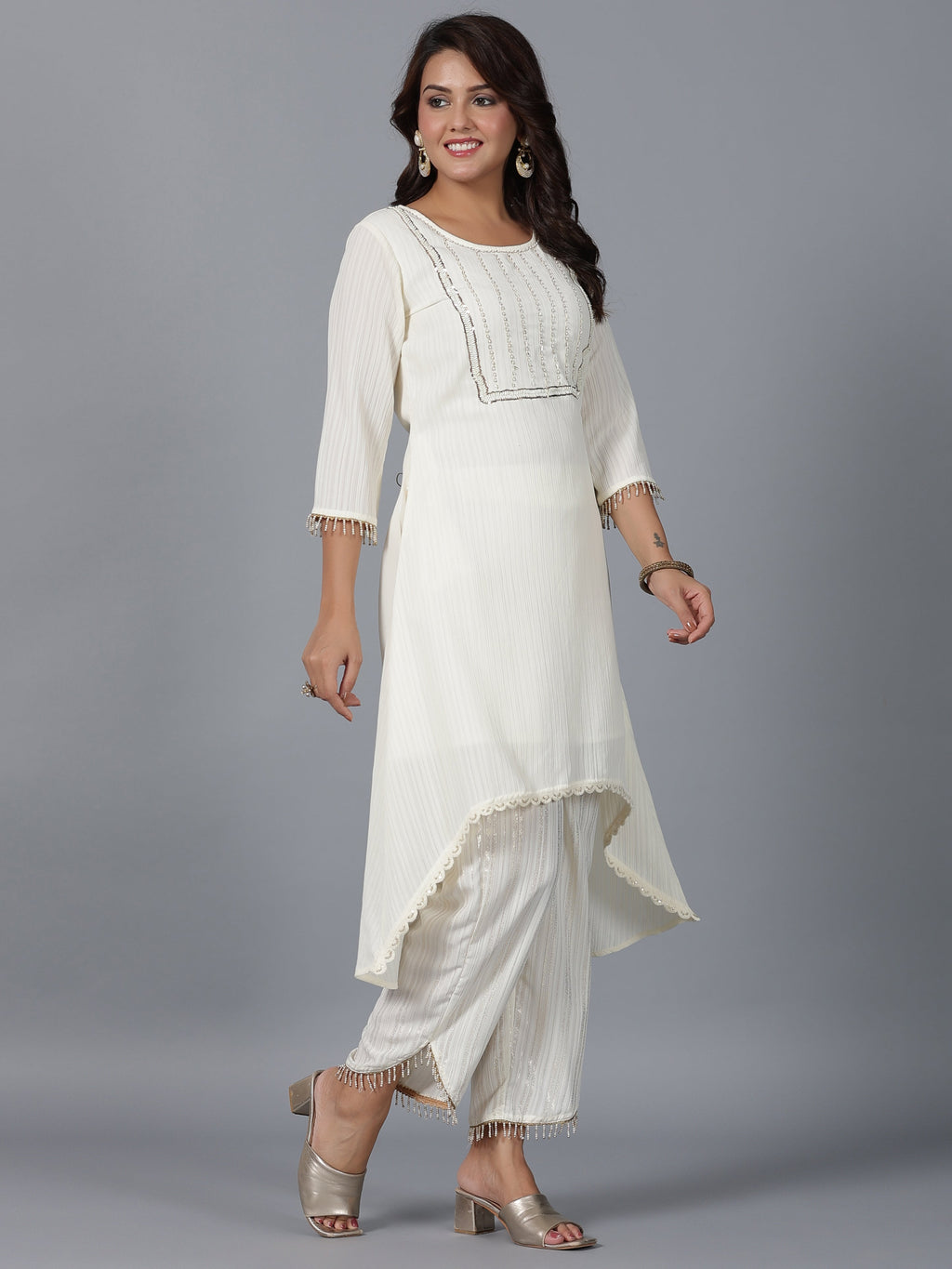 Juniper Women Ivory Magnus Embellished High-Low Kurta and Pants Set | Grocsy