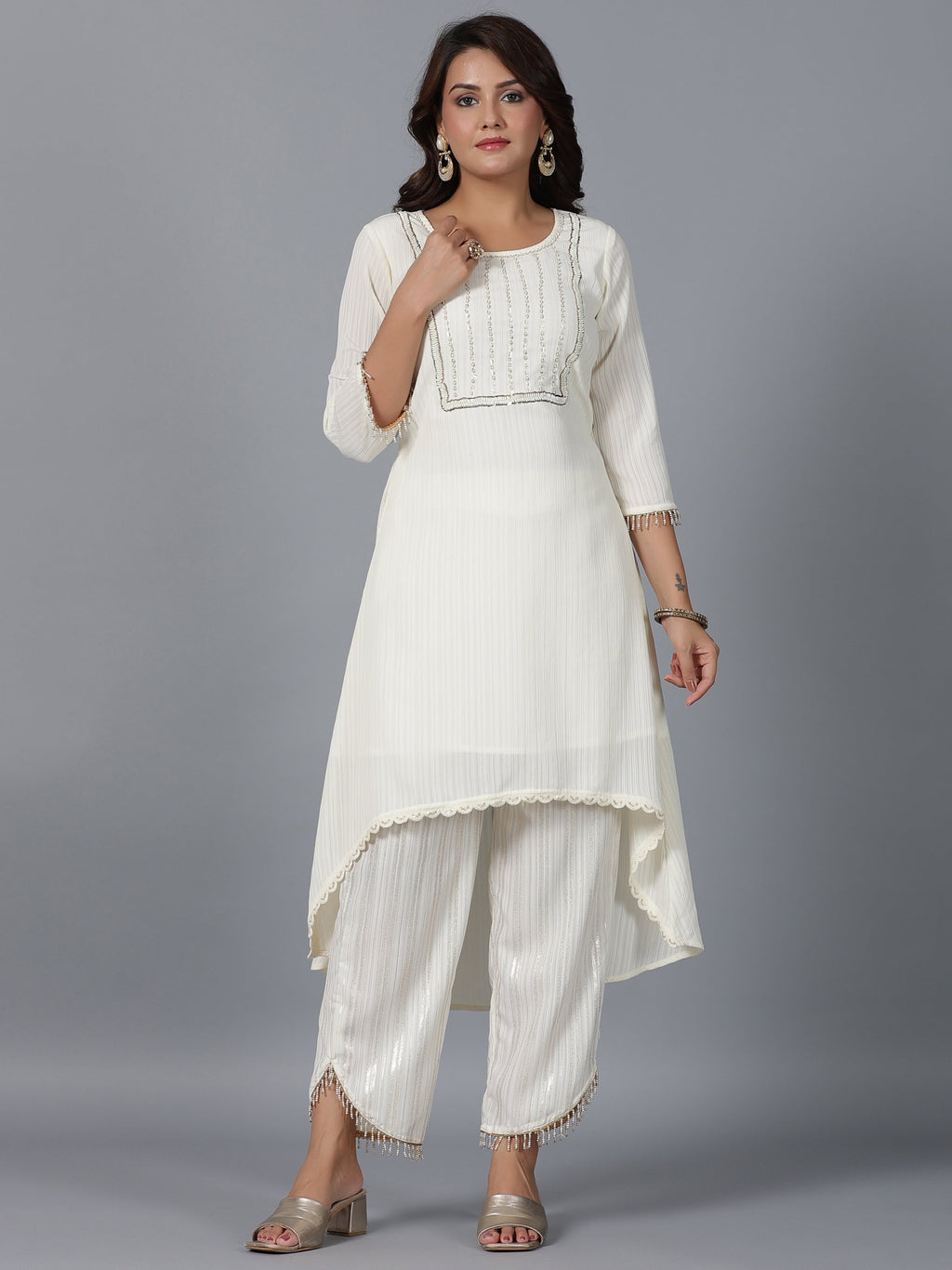 Juniper Women Ivory Magnus Embellished High-Low Kurta and Pants Set | Grocsy