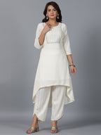 Juniper Women Ivory Magnus Embellished High-Low Kurta and Pants Set | Grocsy
