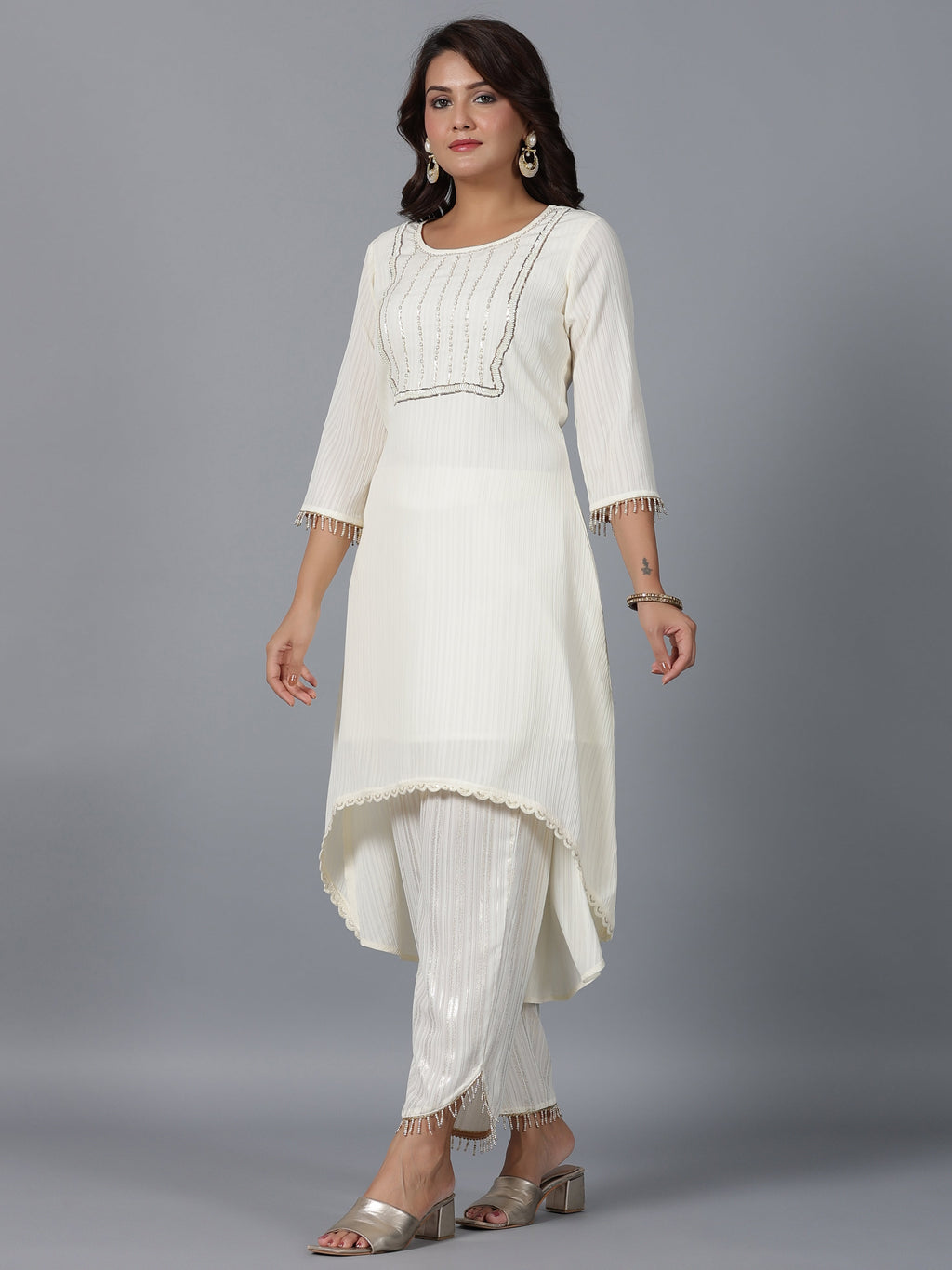 Juniper Women Ivory Magnus Embellished High-Low Kurta and Pants Set | Grocsy
