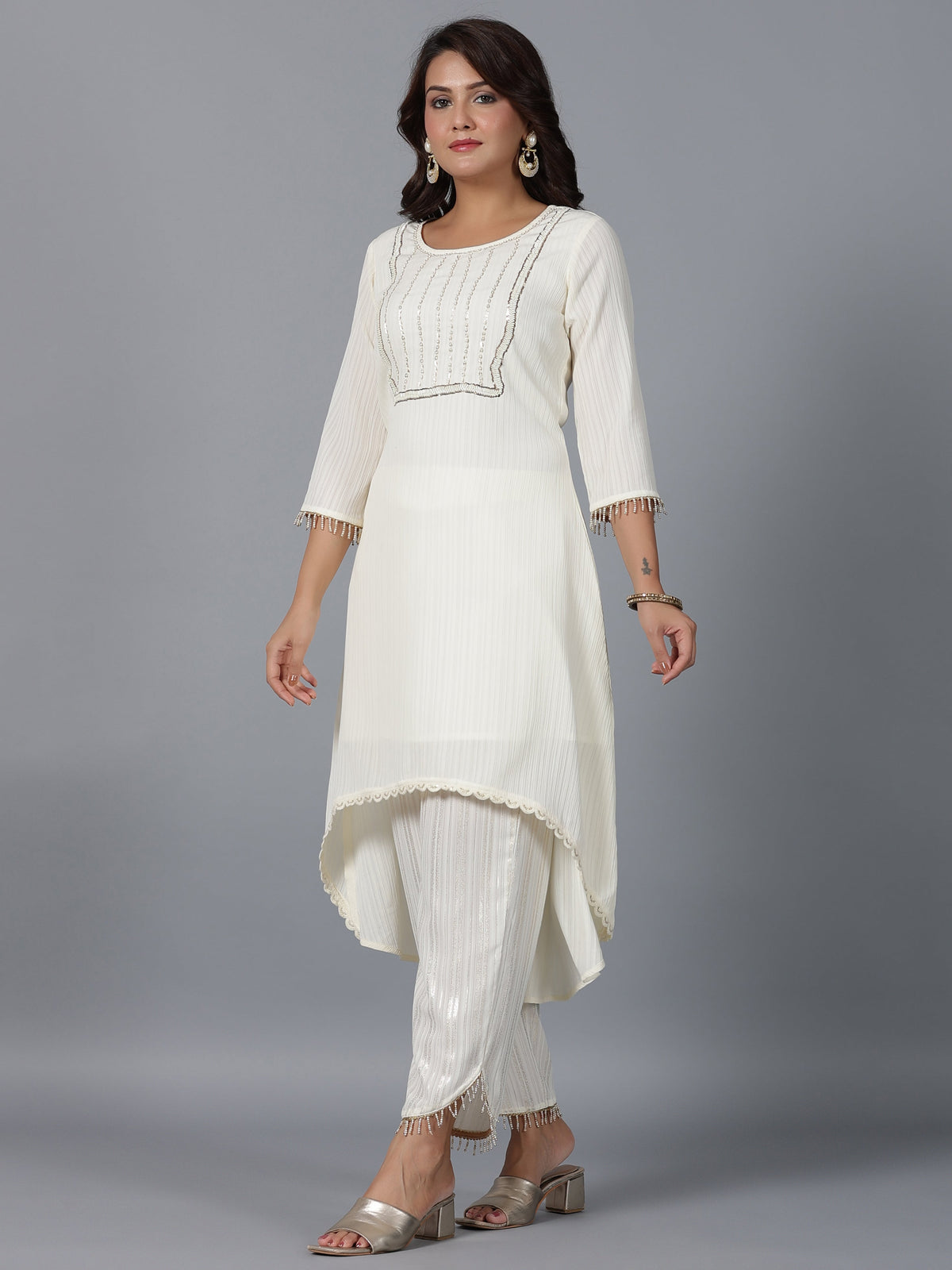 Juniper Women Ivory Magnus Embellished High-Low Kurta and Pants Set | Grocsy