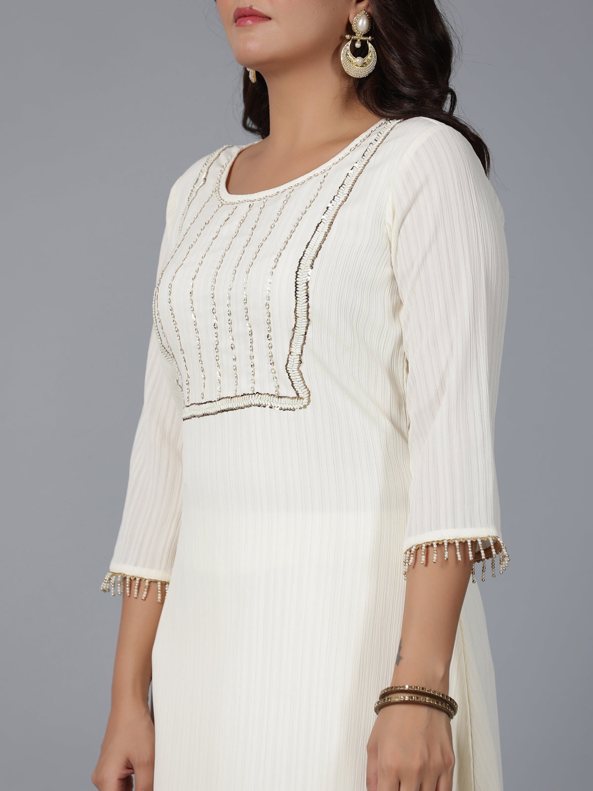 Juniper Women Ivory Magnus Embellished High-Low Kurta and Pants Set | Grocsy