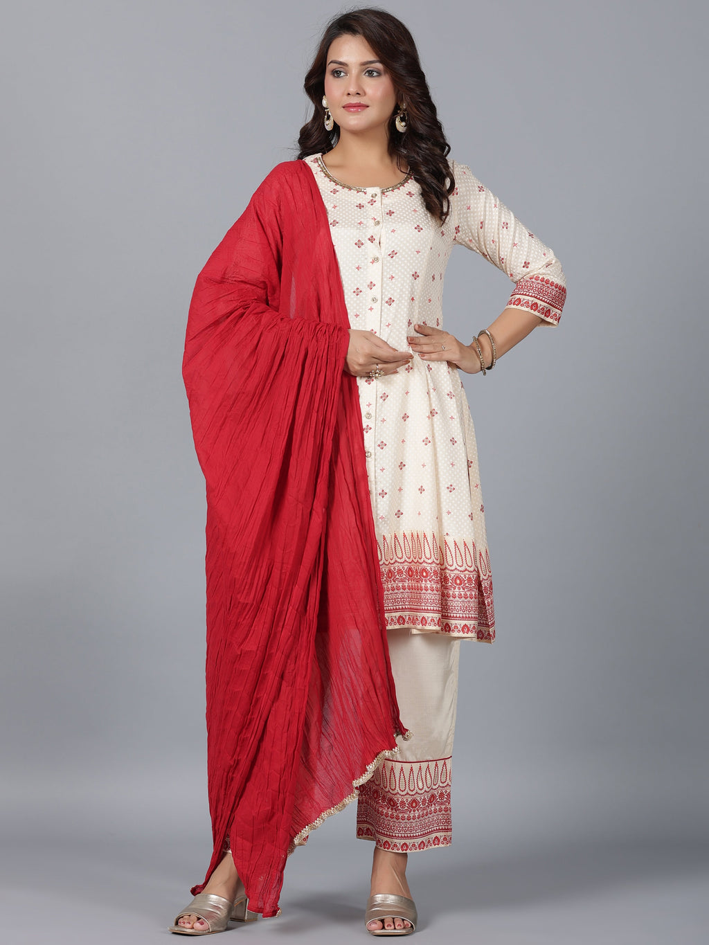 Juniper Women Beige Viscose Shantoon Printed Kurta, Pants & Dupatta Set | Grocsy