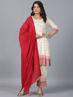Juniper Women Beige Viscose Shantoon Printed Kurta, Pants & Dupatta Set | Grocsy