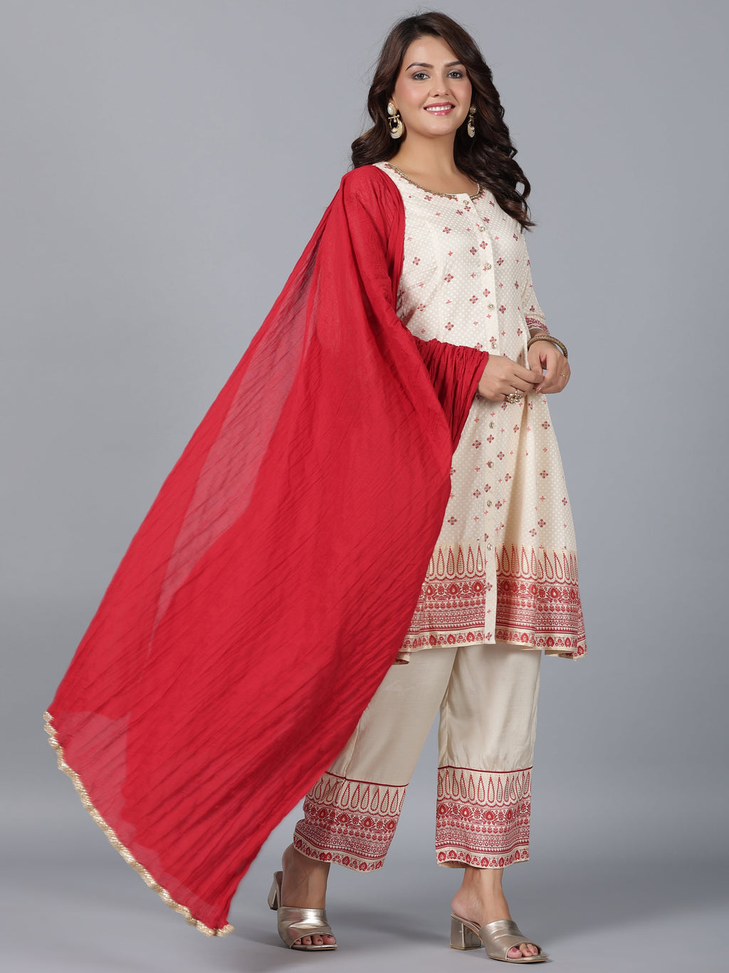 Juniper Women Beige Viscose Shantoon Printed Kurta, Pants & Dupatta Set | Grocsy