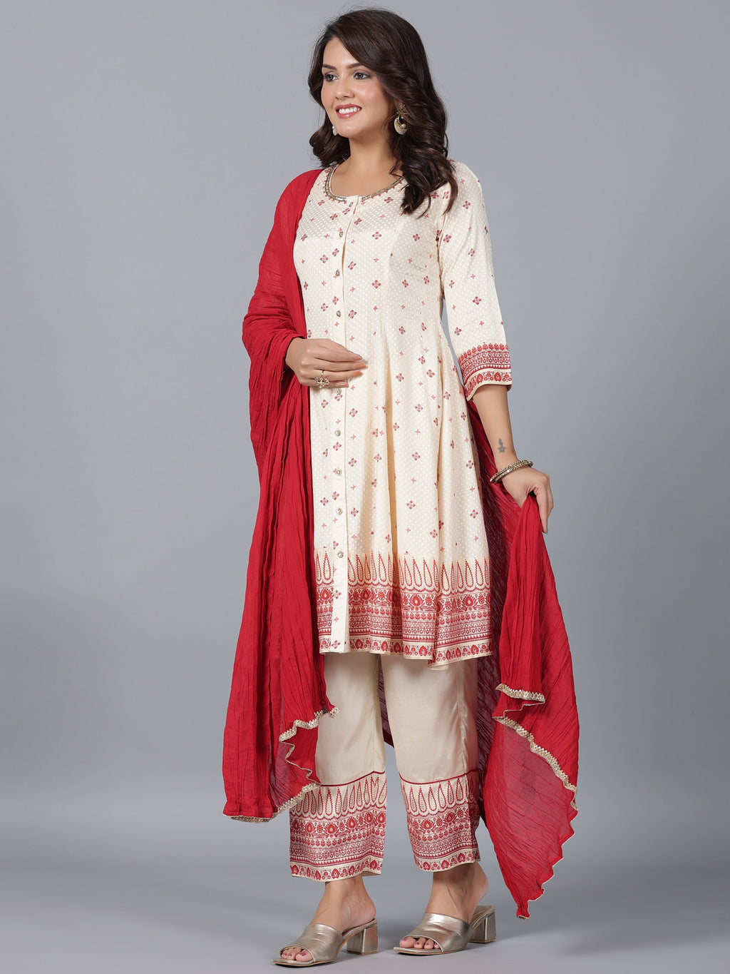 Juniper Women Beige Viscose Shantoon Printed Kurta, Pants & Dupatta Set | Grocsy