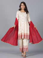 Juniper Women Beige Viscose Shantoon Printed Kurta, Pants & Dupatta Set | Grocsy