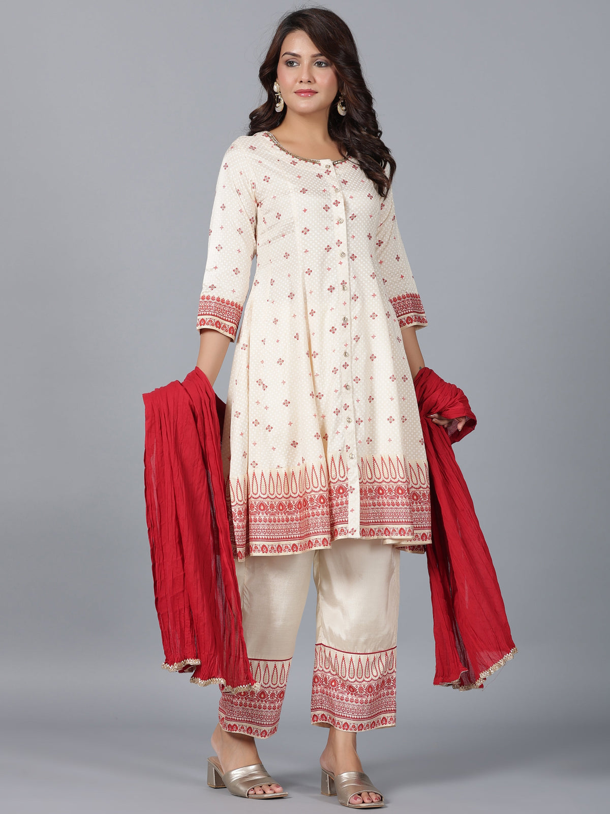 Juniper Women Beige Viscose Shantoon Printed Kurta, Pants & Dupatta Set | Grocsy