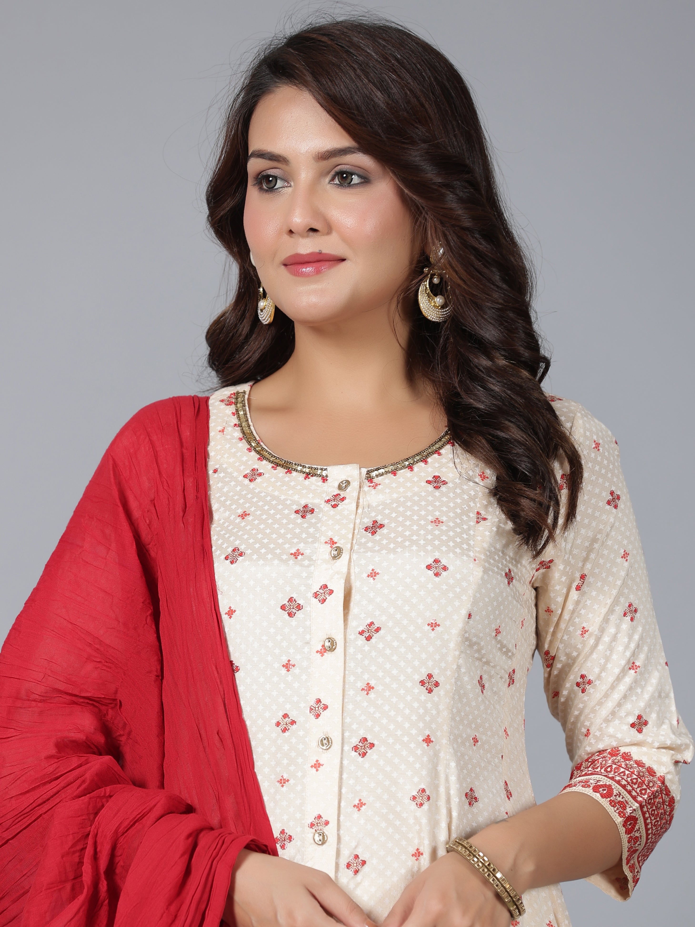 Juniper Women Beige Viscose Shantoon Printed Kurta, Pants & Dupatta Set | Grocsy