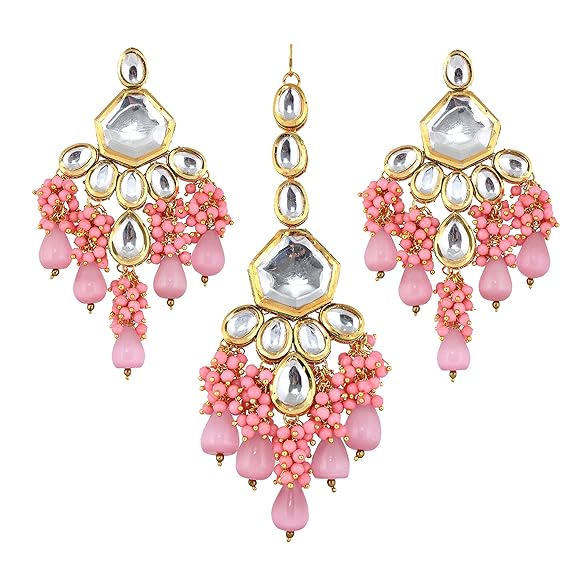 Tehzeeb Creations Gold-Polished Pink Color Kundan Stone/Uncut Kundan/Dibbi Kundan/Meena Kundan/Lucknow Kundan with Monalisa Drop Bridal Set for Girls & Women | Grocsy