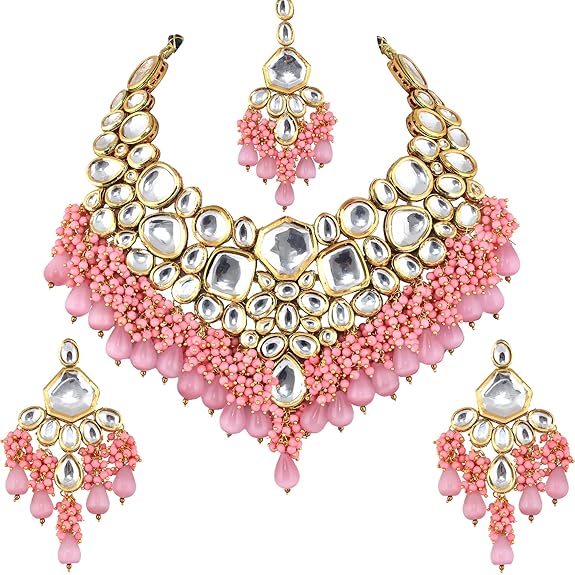 Tehzeeb Creations Gold-Polished Pink Color Kundan Stone/Uncut Kundan/Dibbi Kundan/Meena Kundan/Lucknow Kundan with Monalisa Drop Bridal Set for Girls & Women | Grocsy