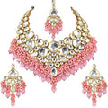 Tehzeeb Creations Gold-Polished Pink Color Kundan Stone/Uncut Kundan/Dibbi Kundan/Meena Kundan/Lucknow Kundan with Monalisa Drop Bridal Set for Girls & Women | Grocsy