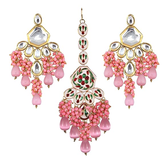 Tehzeeb Creations Gold-Polished Pink Color Kundan Stone/Uncut Kundan/Dibbi Kundan/Meena Kundan/Lucknow Kundan with Monalisa Drop Bridal Set for Girls & Women | Grocsy