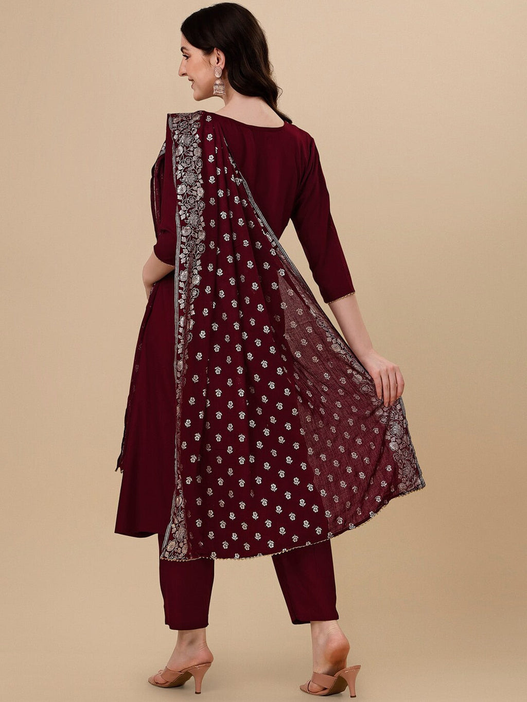 HERE&NOW Maroon & White Gotta Patti Kurta with Trousers & Dupatta | Grocsy