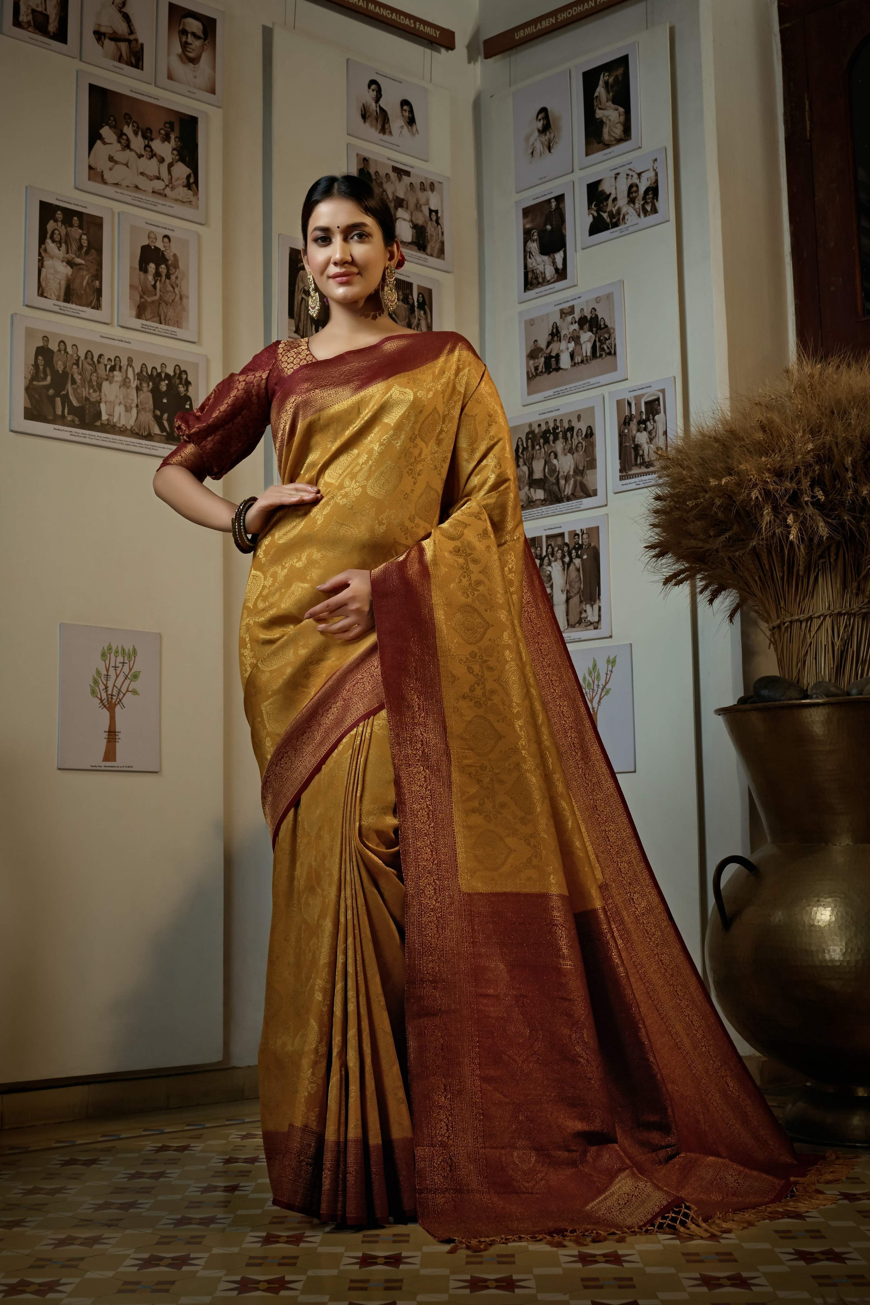 Vardha Mustard Yellow Golden Zari Kanjeevaram Silk Saree | Grocsy