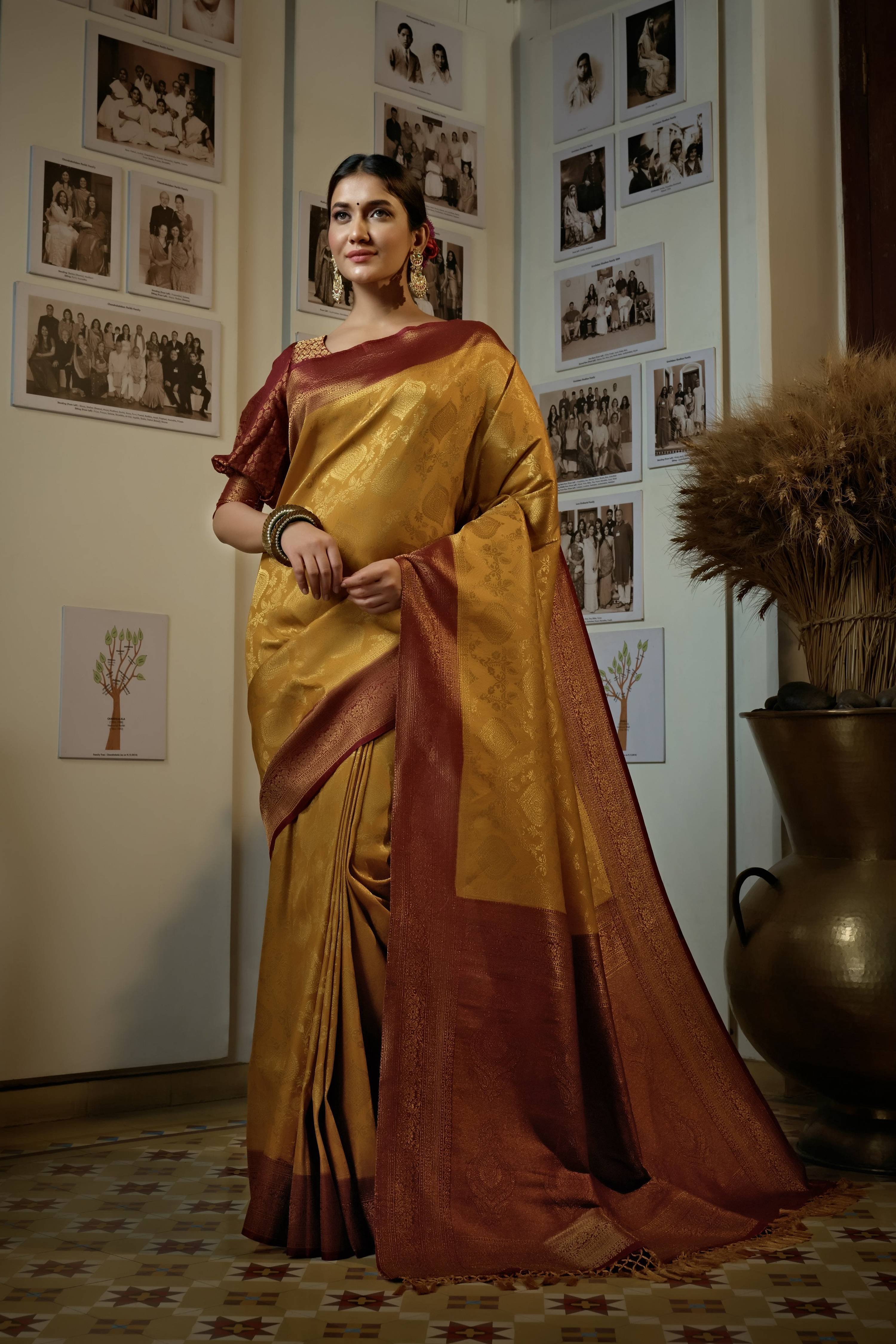 Vardha Mustard Yellow Golden Zari Kanjeevaram Silk Saree | Grocsy
