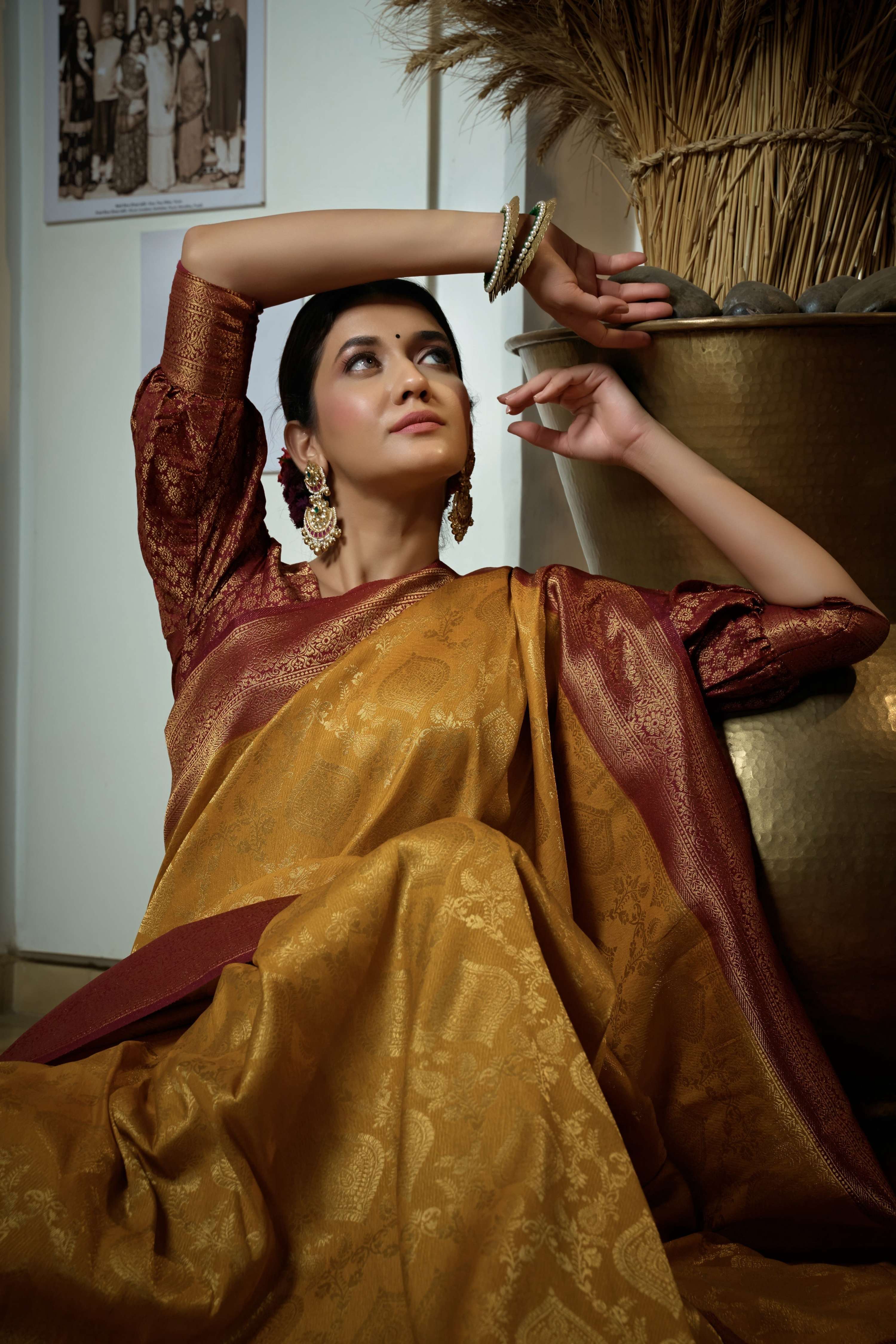 Vardha Mustard Yellow Golden Zari Kanjeevaram Silk Saree | Grocsy