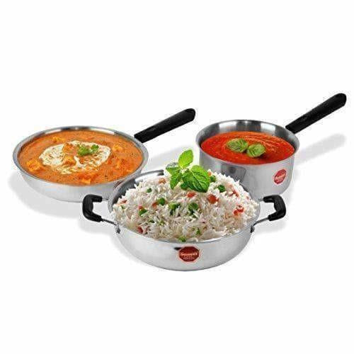Stainless Steel Induction Cookware  Sauce Pan +Kadhai + Fry Pan - Set of 3 | Grocsy