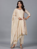 Juniper Women Beige Chanderi Embroidered Kurta, Pants & Dupatta Set | Grocsy