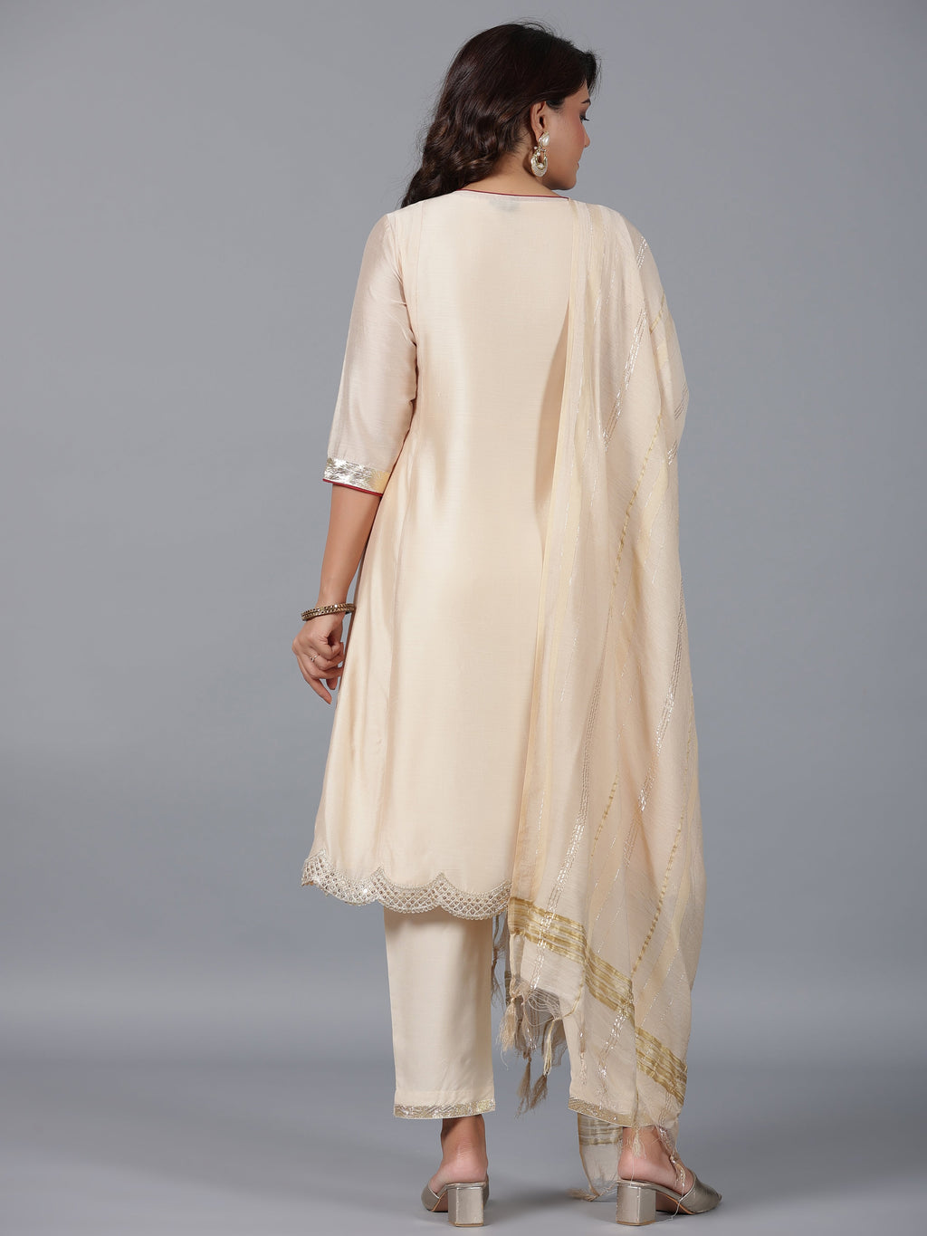 Juniper Women Beige Chanderi Embroidered Kurta, Pants & Dupatta Set | Grocsy