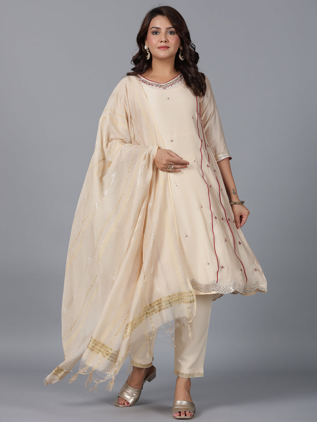 Juniper Women Beige Chanderi Embroidered Kurta, Pants & Dupatta Set | Grocsy