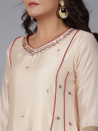 Juniper Women Beige Chanderi Embroidered Kurta, Pants & Dupatta Set | Grocsy
