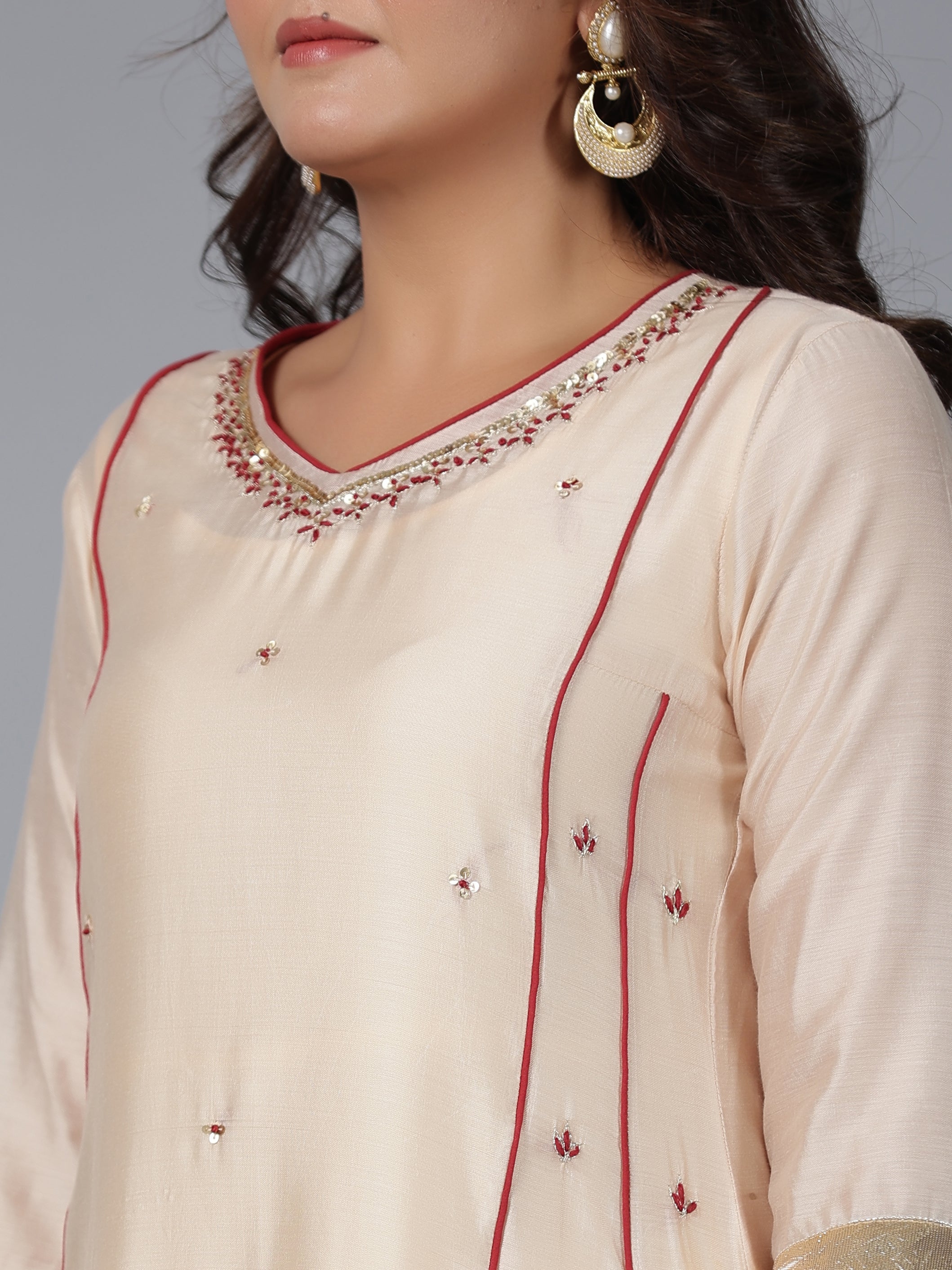 Juniper Women Beige Chanderi Embroidered Kurta, Pants & Dupatta Set | Grocsy