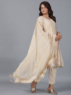 Juniper Women Beige Chanderi Embroidered Kurta, Pants & Dupatta Set | Grocsy