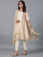 Juniper Women Beige Chanderi Embroidered Kurta, Pants & Dupatta Set | Grocsy