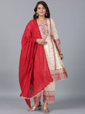 Juniper Women Beige Viscose Shantoon Printed Kurta, Pants & Dupatta Set | Grocsy