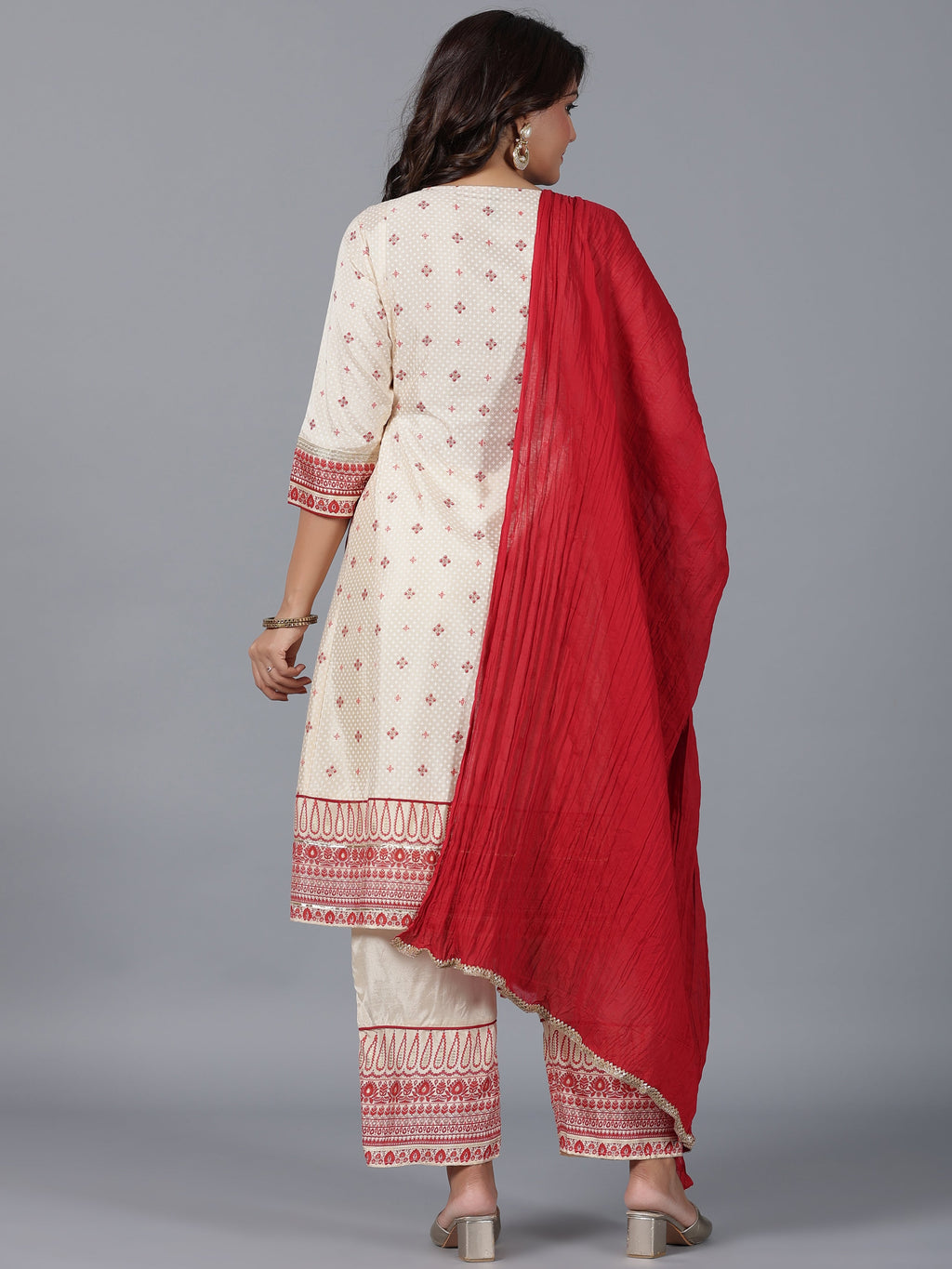 Juniper Women Beige Viscose Shantoon Printed Kurta, Pants & Dupatta Set | Grocsy