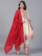 Juniper Women Beige Viscose Shantoon Printed Kurta, Pants & Dupatta Set | Grocsy