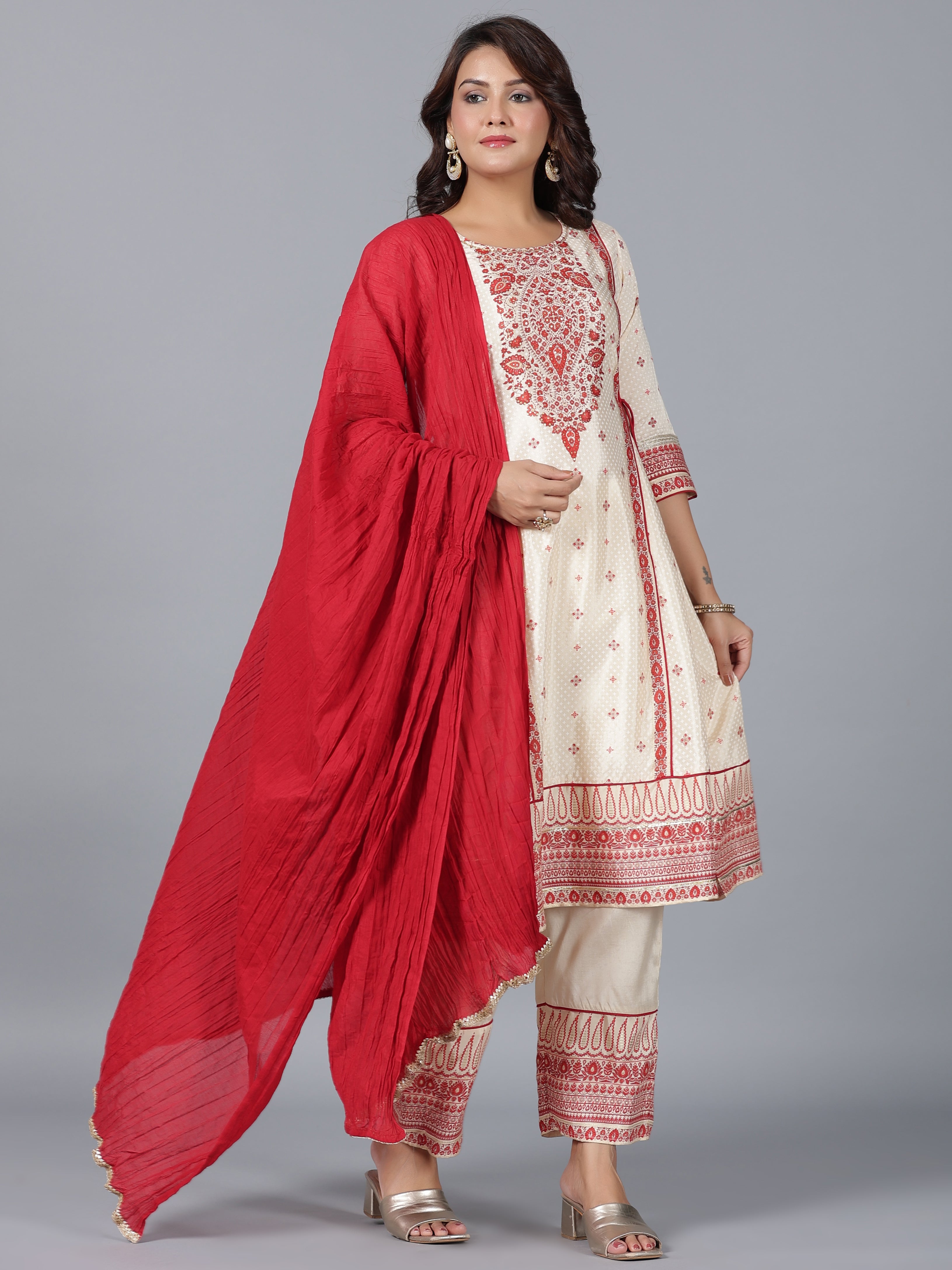 Juniper Women Beige Viscose Shantoon Printed Kurta, Pants & Dupatta Set | Grocsy