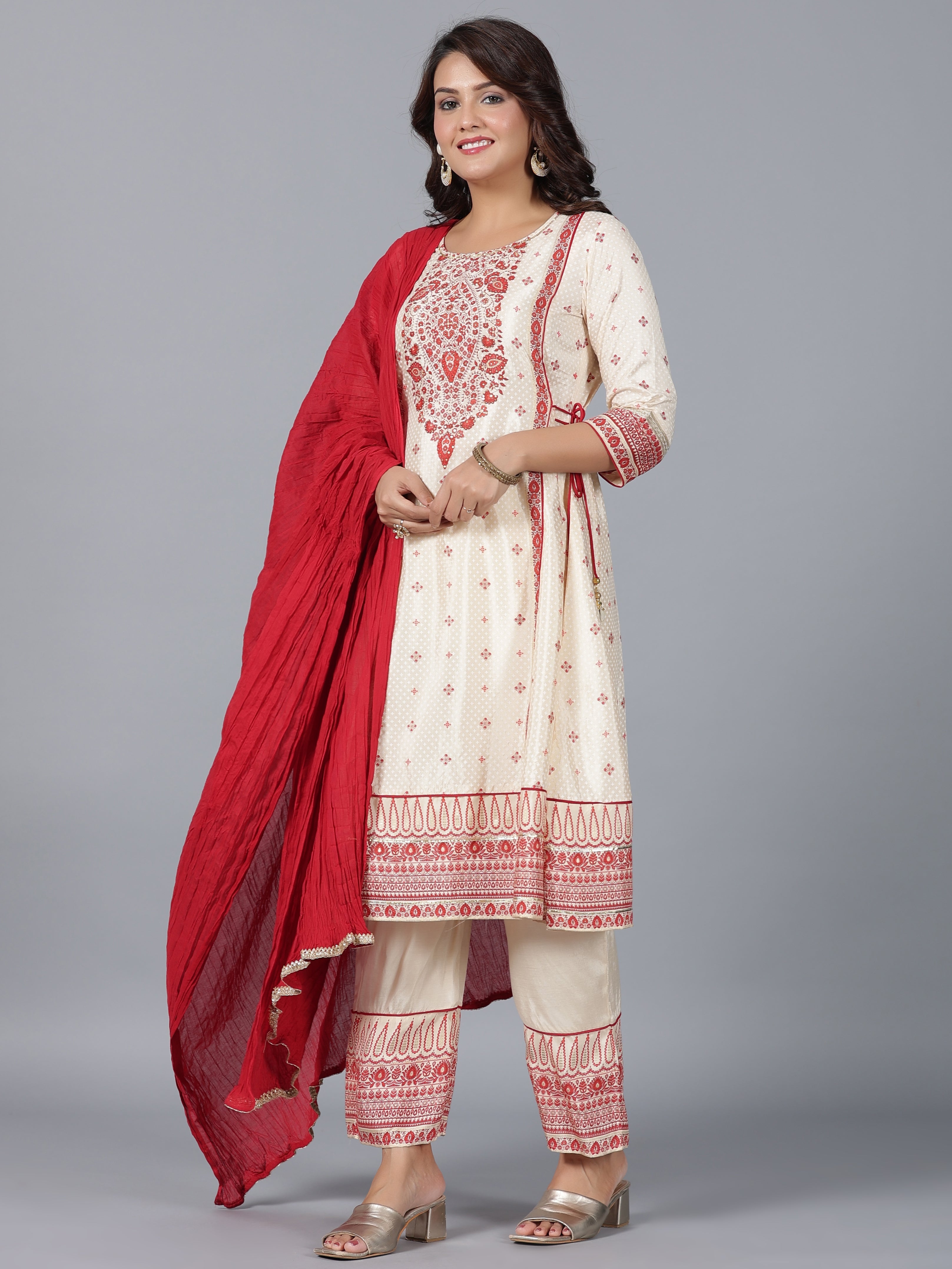 Juniper Women Beige Viscose Shantoon Printed Kurta, Pants & Dupatta Set | Grocsy
