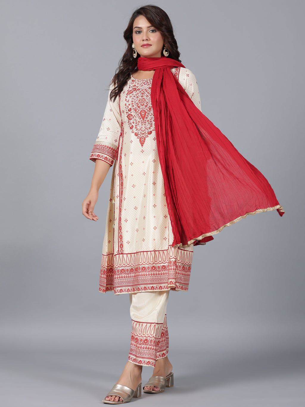 Juniper Women Beige Viscose Shantoon Printed Kurta, Pants & Dupatta Set | Grocsy