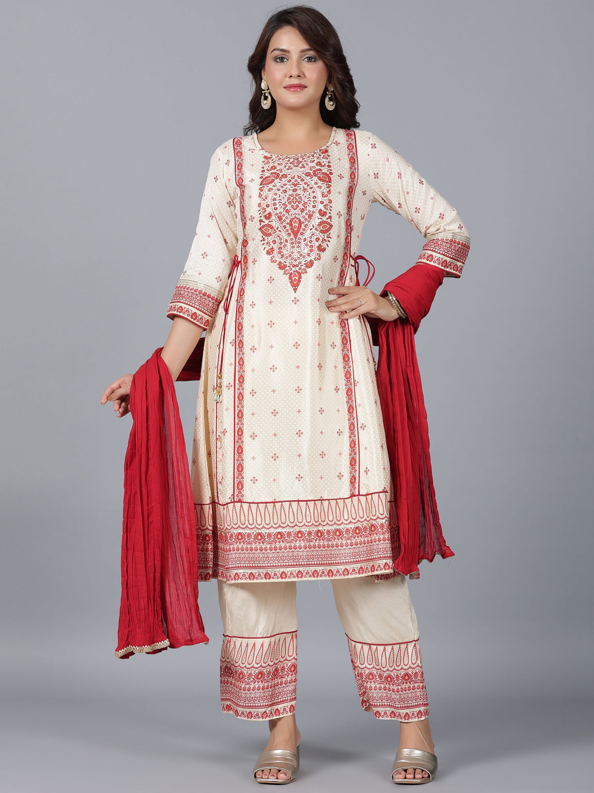 Juniper Women Beige Viscose Shantoon Printed Kurta, Pants & Dupatta Set | Grocsy