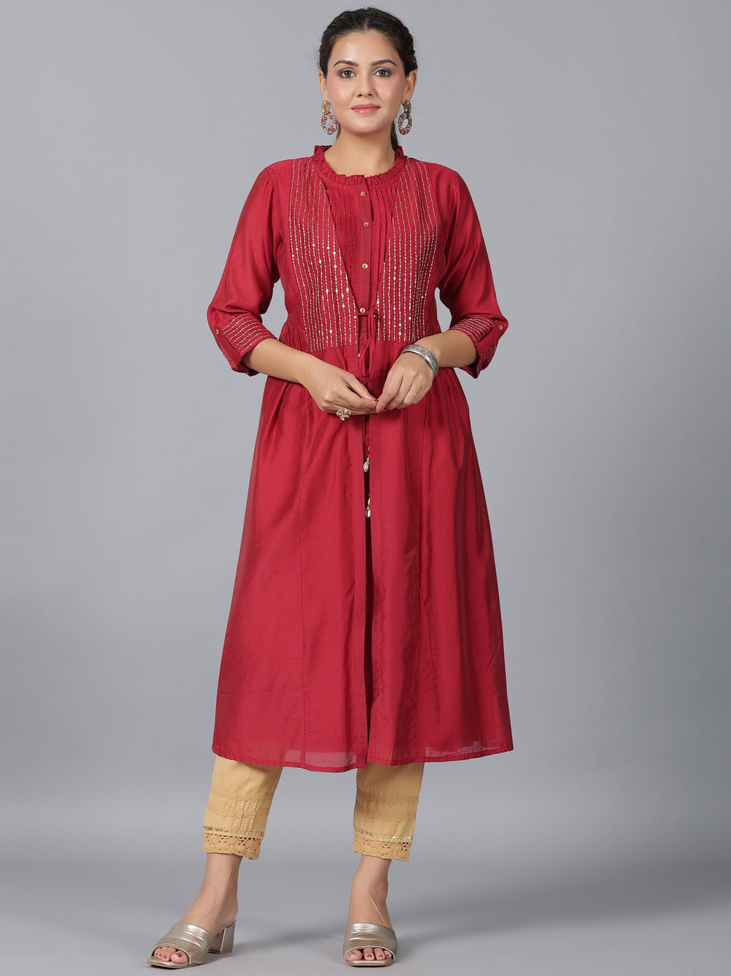 Juniper Women Maroon Chanderi Embroidered Jacket Style Kurta Dress | Grocsy